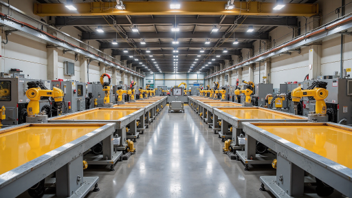 Fully automated assembly line with multiple workstations and robotic cells, showing integrated manufacturing process