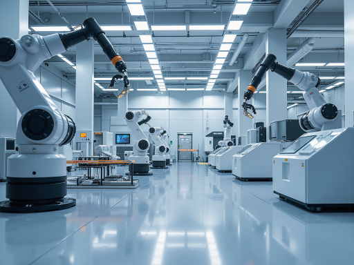 Futuristic industrial facility with smart robots and automated systems, showing vision of advanced manufacturing technology